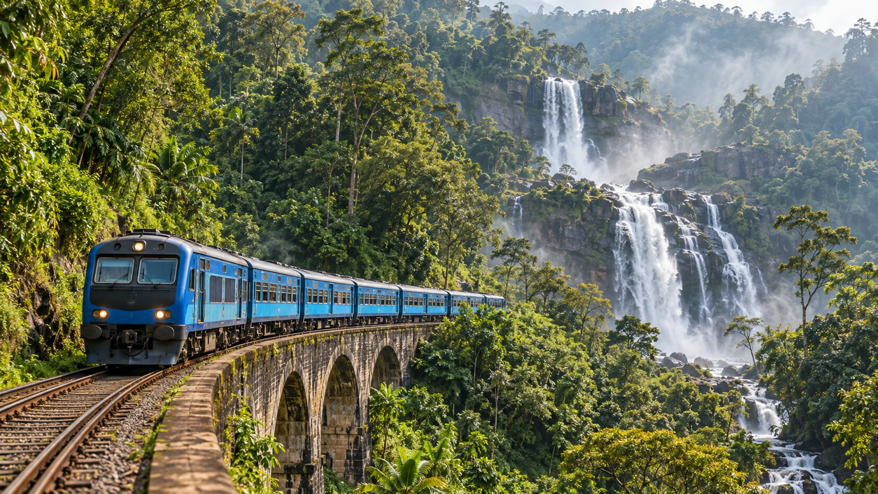 A blue hill-country train passes through dense forest beneath a highland waterfall.