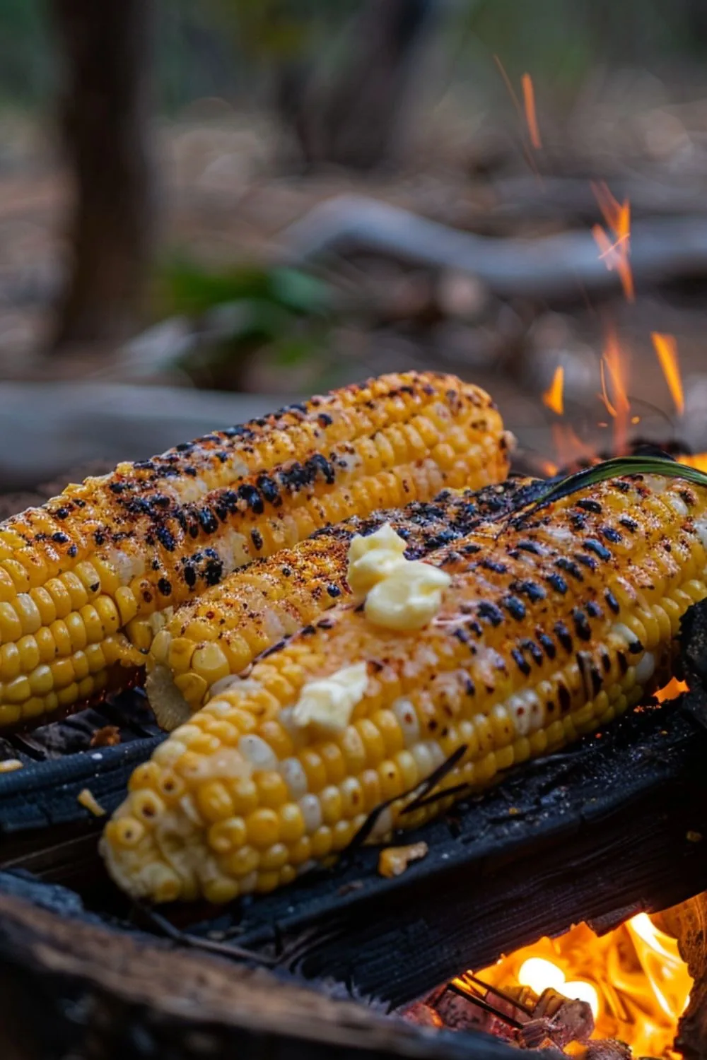 Sweetcorn roasts over open flames at a small outdoor food stall.