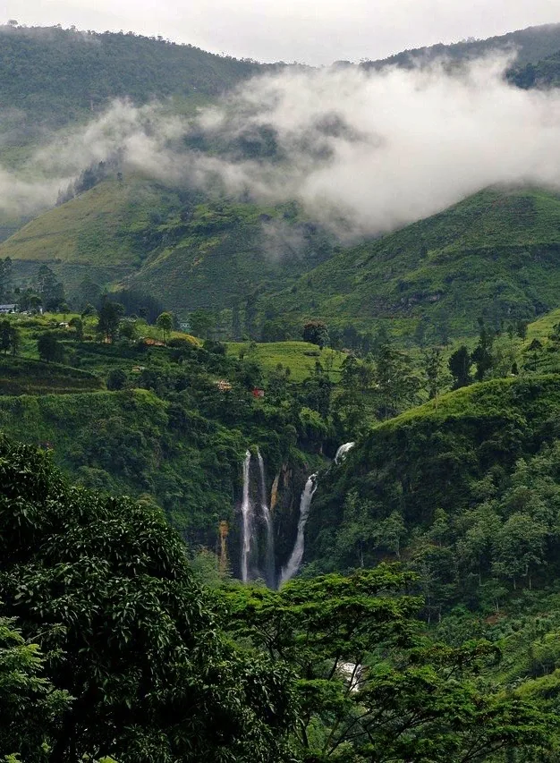 A waterfall drops through a misty, forested highland valley.