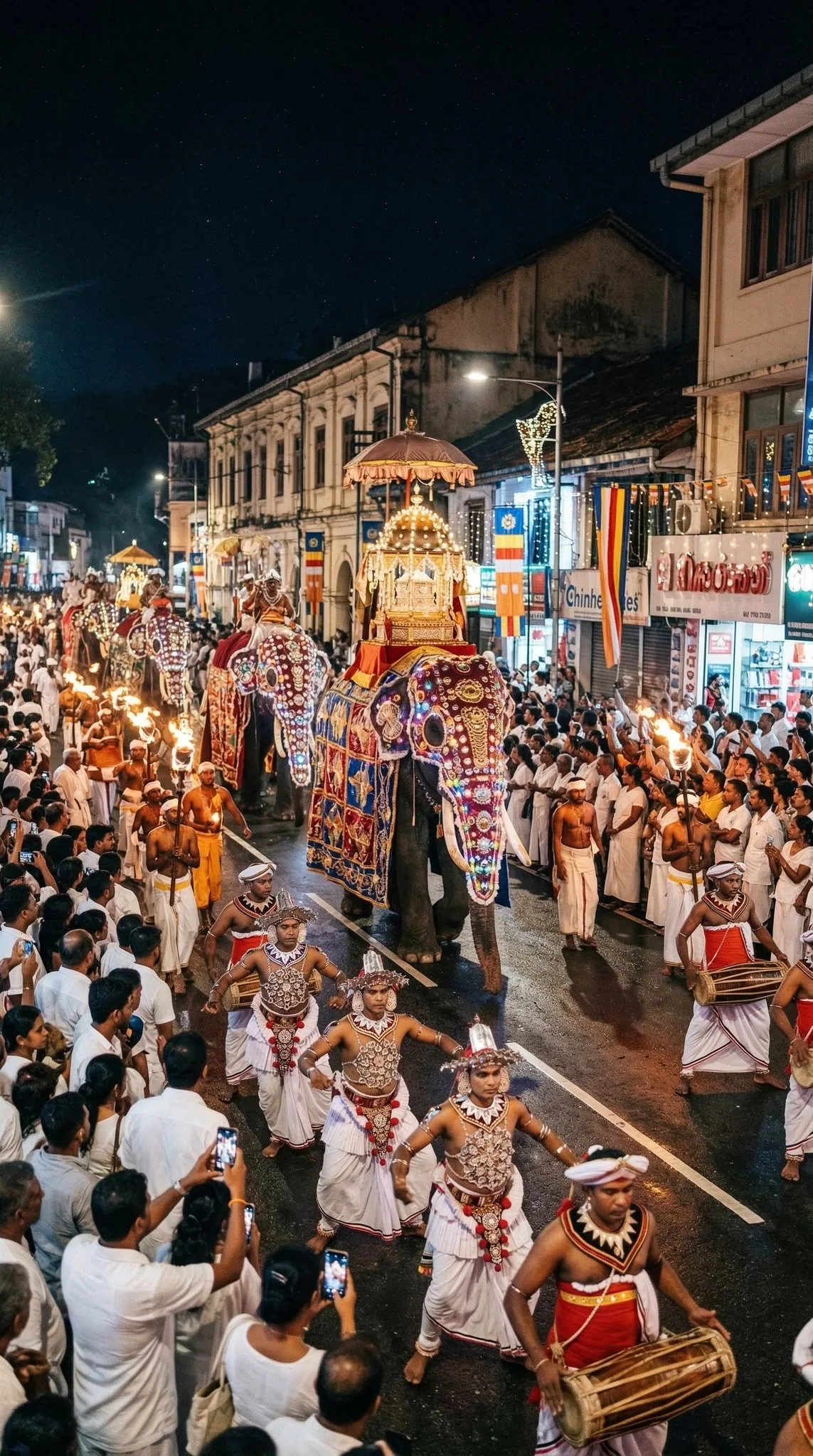 A decorated elephant and Kandyan dancers move through a lively night procession.