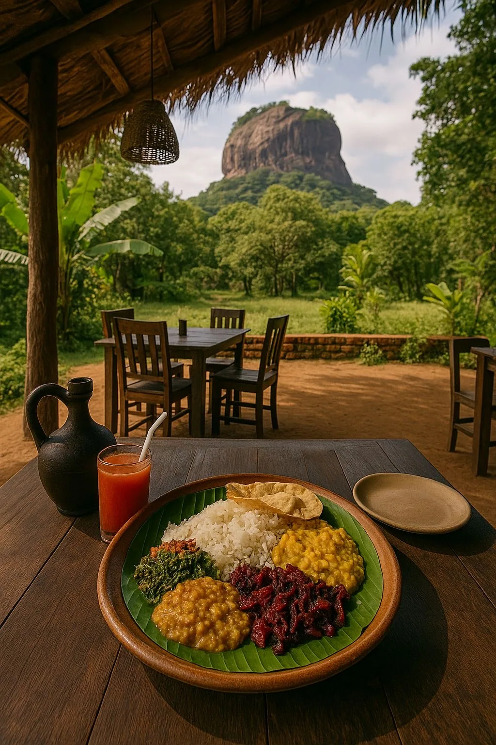 A Sri Lankan rice and curry lunch served beneath a thatched roof with Sigiriya Rock in the distance.