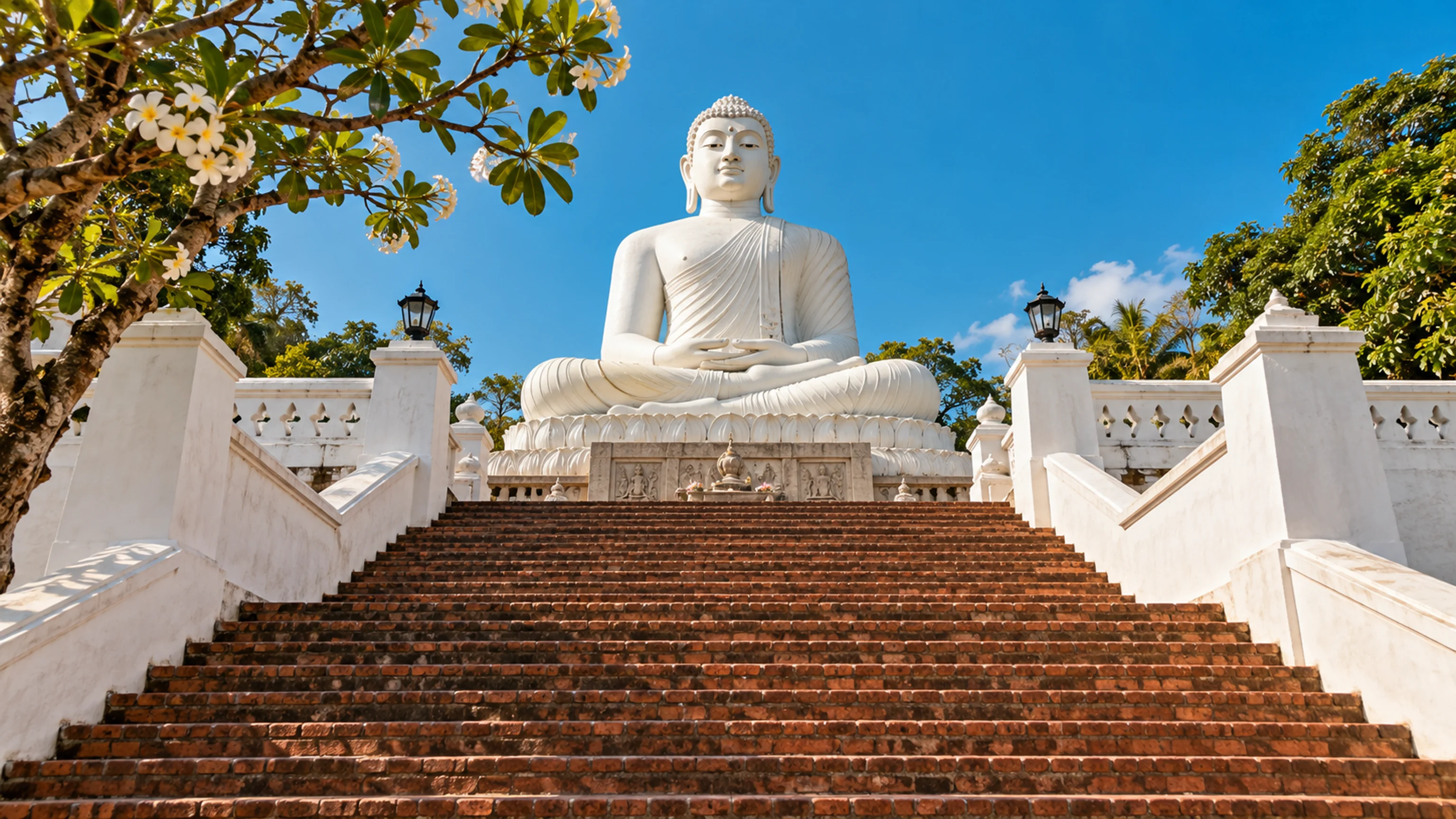 A large white Buddha statue looks over temple steps in Sri Lanka.