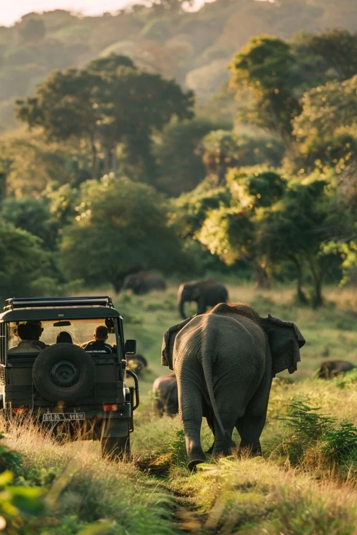 A jeep and an elephant share a quiet moment in a sunlit national park.